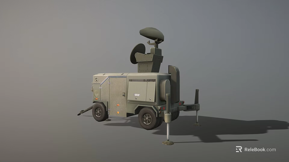 Mobile Trailer Mounted Industrial Equipment With Green Enclosure And Large Circular Radar Antenna On Top 3d model 