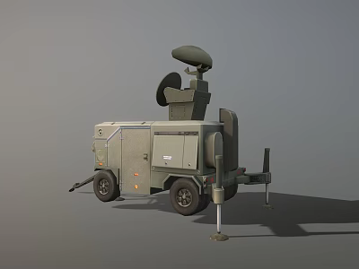 Mobile Trailer Mounted Industrial Equipment With Green Enclosure And Large Circular Radar Antenna On Top 3d model