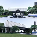Modern Sales Office Building With Glass Facade Circular Driveway And Parked Cars