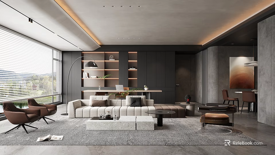 Modern Living Room Interior Design With White Sofa Black Shelving Floor Lamp And Large Windows 3d model 