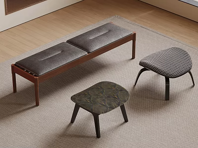 Contemporary Wooden Bench With Two Patterned Stools On Carpeted Floor 3d model