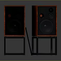 Pair of Red Wooden Audio Speakers With Black Stands And Front Panels