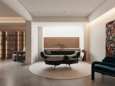 Modern Basement Interior Design With Sofa Coffee Table Round Rug And Wall Art 3d model