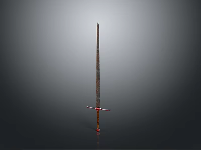 Ancient Metal Sword With Long Blade And Decorative Red Hilt On Grey Background 3d model