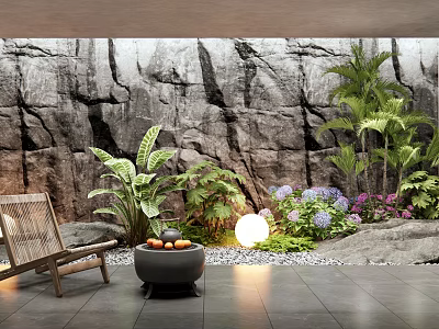 Indoor Landscape with Rock Wall Lush Greenery Flowers Wooden Chair Fire Pit and Round Lamp 3d model