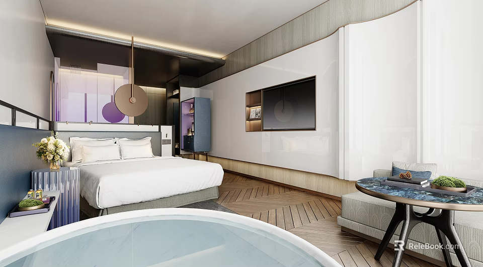 Modern Hotel Guest Room With Comfortable Bed Wall Mounted TV Bathtub And Wooden Flooring 3d model 