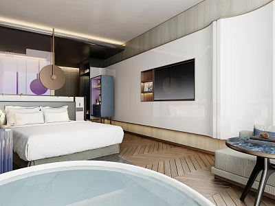 Modern Hotel Guest Room With Comfortable Bed Wall Mounted TV Bathtub And Wooden Flooring 3d model