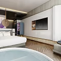 Modern Hotel Guest Room With Comfortable Bed Wall Mounted TV Bathtub And Wooden Flooring