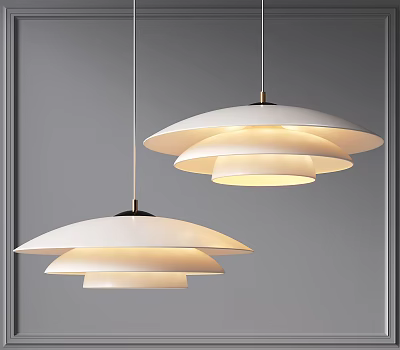 Modern White Layered Pendant Lights Hanging With Soft Lighting On Gray Wall 3d model