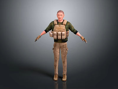 Male Game Film Character In Green Shirt Brown Tactical Vest Khaki Pants With Outstretched Arms 3d model