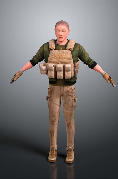 Male Game Film Character In Green Shirt Brown Tactical Vest Khaki Pants With Outstretched Arms 3d model