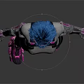 Blue Haired Female Character In Futuristic Armored Suit With Purple Pink Shoes And Tech Design
