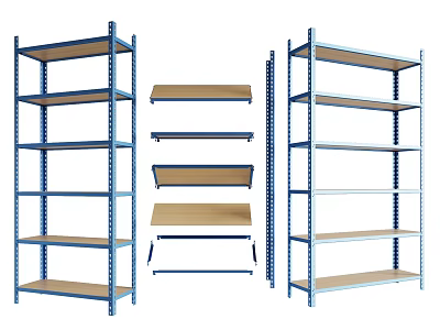 Storage Shelving Units With Blue Metal Frames Brown Wooden Shelves And Multiple Tiers 3d model
