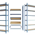 Storage Shelving Units With Blue Metal Frames Brown Wooden Shelves And Multiple Tiers