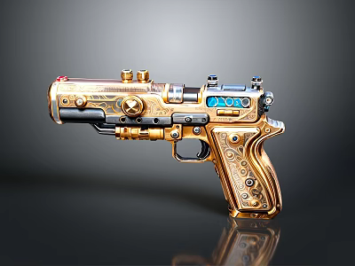 Golden Decorative Futuristic Pistol With Intricate Design And Blue Tech Accents 3d model