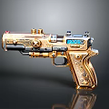Golden Decorative Futuristic Pistol With Intricate Design And Blue Tech Accents