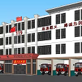 Fire Station Building with Red Fire Trucks and Flag in Front of White Structure