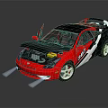 Red and black modified sports car with open hood doors and rear spoiler