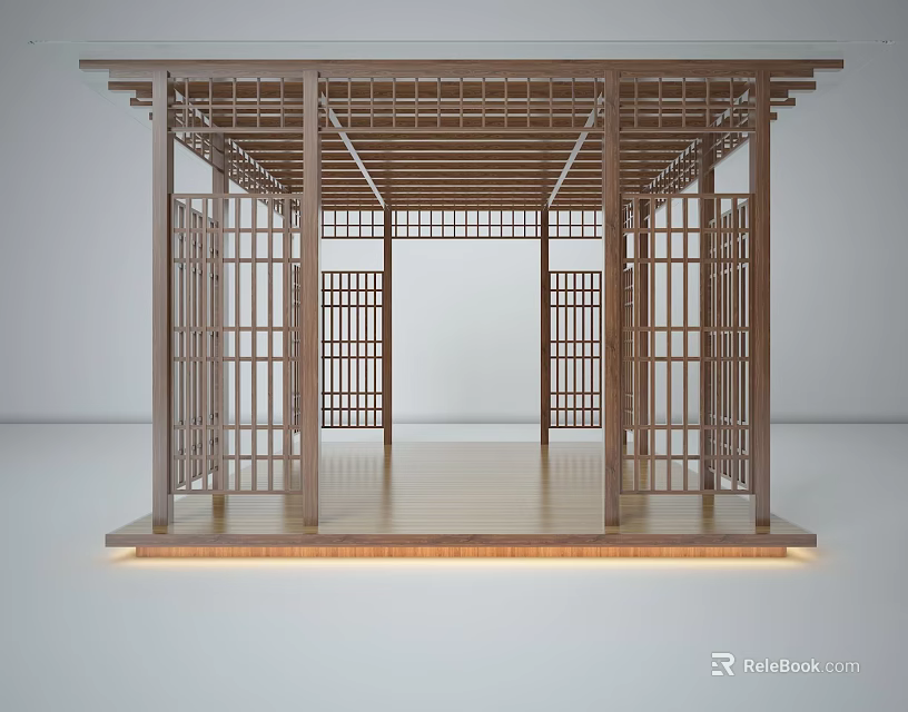 Traditional Wooden Pavilion Structure With Lattice Doors Wooden Roof Floor And Underfloor Lighting 3d model 