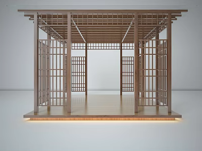 Traditional Wooden Pavilion Structure With Lattice Doors Wooden Roof Floor And Underfloor Lighting 3d model