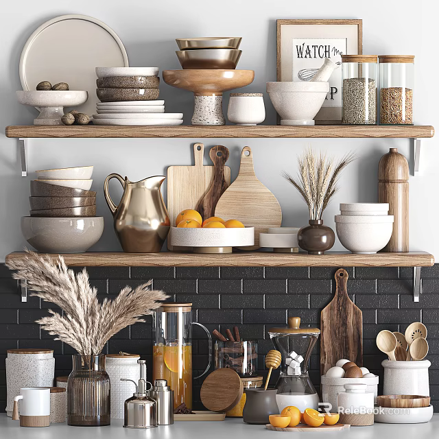 Rustic Kitchen Shelves Display With Bowls Plates Wooden Cutting Boards And Wheat Decor 3d model 