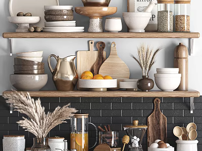 Rustic Kitchen Shelves Display With Bowls Plates Wooden Cutting Boards And Wheat Decor 3d model