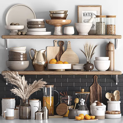 Rustic Kitchen Shelves Display With Bowls Plates Wooden Cutting Boards And Wheat Decor 3d model