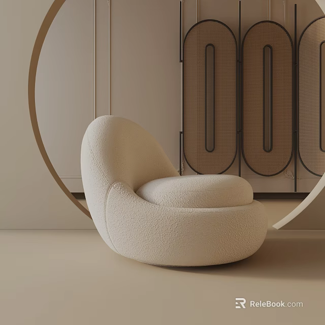 Beige Plush Lounge Chair with Curved Rounded Ottoman and Circular Decor in Modern Sleek Room 3d model 