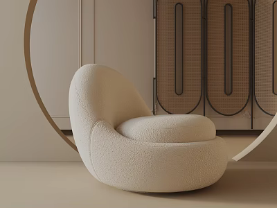 Beige Plush Lounge Chair with Curved Rounded Ottoman and Circular Decor in Modern Sleek Room 3d model
