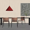 Black Dining Table With Three Brown Chairs Red Pendant Light And Beige Wall Geometric Artwork