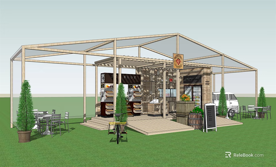 Outdoor Cafe Structure With Wooden Frame Transparent Roof Bar Counter And Green Plants 3d model 