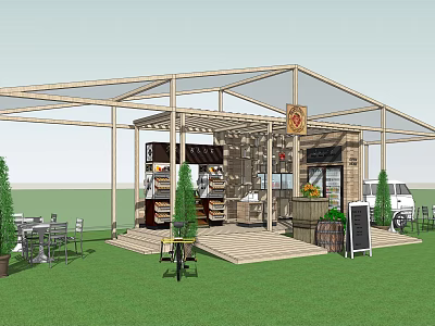 Outdoor Cafe Structure With Wooden Frame Transparent Roof Bar Counter And Green Plants 3d model