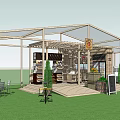Outdoor Cafe Structure With Wooden Frame Transparent Roof Bar Counter And Green Plants