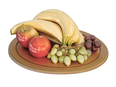 Fresh Assorted Fruits On Brown Plate With Bananas Apples And Grapes 3d model