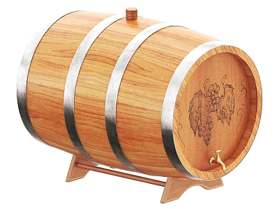 Ceramic Wine Barrel Vessel With Wooden Design Metal Hoops Grape Pattern And Tap Stand 3d model