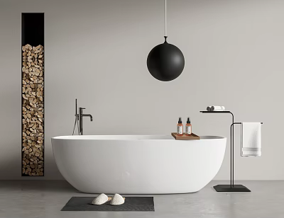 White Freestanding Bathtub with Black Globe Light Wood Column and Bath Products in Modern Bathroom 3d model