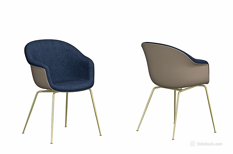 Modern Navy Blue and Light Gray Accent Chairs with Armrests and Golden Metal Legs 3d model 