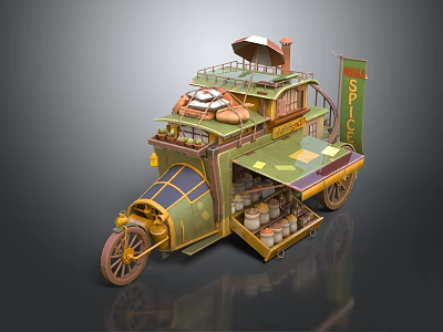Vintage Functional Mobile Cart Featuring Spice Jars Bread Display Open Shelves And Canopy 3d model