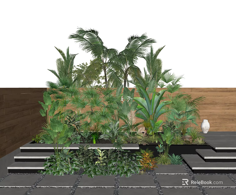 Lush Tropical Plants Arrangement With Wooden Wall Stone Steps And White Vase 3d model 