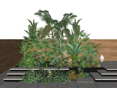 Lush Tropical Plants Arrangement With Wooden Wall Stone Steps And White Vase 3d model