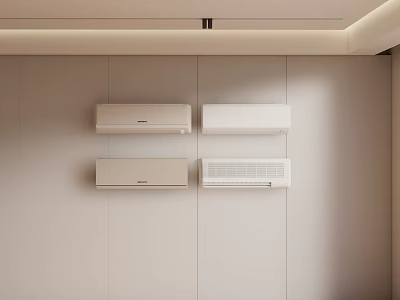 Four White Air Conditioner Fans Mounted on Light Colored Wall in Modern Interior Room 3d model
