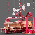 Happy New Year Decorative Display With Red Train Stars And Gift Boxes