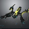 Futuristic Black And Yellow Spacecraft With Mechanical Arms And Blue Lights For Space Exploration