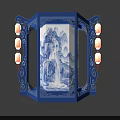 Traditional Chinese Blue Lantern With Hollow Design And Landscape Painting Decor
