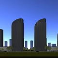 Modern Glass Office Buildings With Green Lawn And People