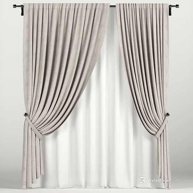 Elegant Gray Velvet Curtains with Draped Sides Sheer White Liner and Tied Sashes 3d model 
