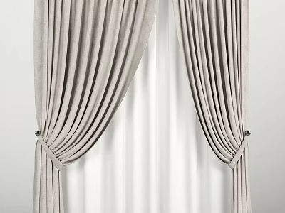 Elegant Gray Velvet Curtains with Draped Sides Sheer White Liner and Tied Sashes 3d model