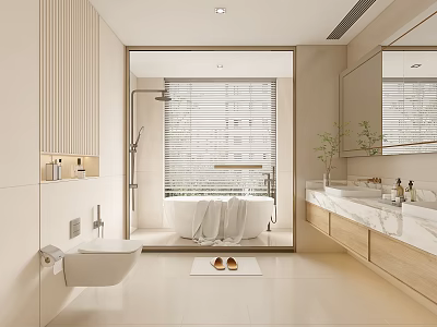 Modern Minimalist Bathroom With Bathtub Towel Shower Window Blinds Wooden Vanity Mirror And Light Tiles 3d model