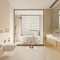 Modern Minimalist Bathroom With Bathtub Towel Shower Window Blinds Wooden Vanity Mirror And Light Tiles
