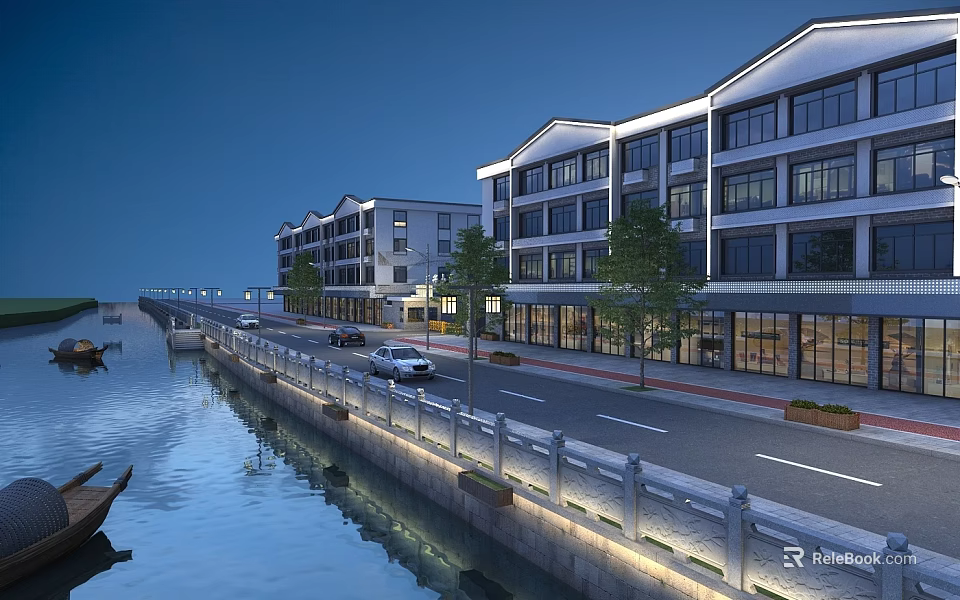 Illuminated Waterfront Commercial Street With Trees Cars Streetlights And Buildings At Night 3d model 